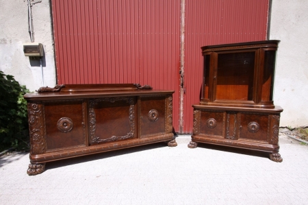 Bufet i witryna - komplet neorenesans z 1920 roku, mahoń, orzech