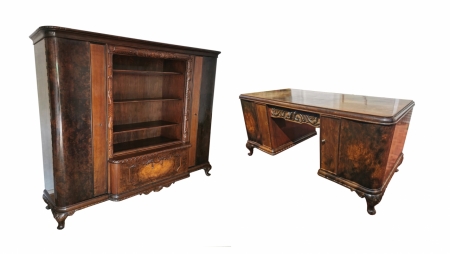 Antyczny komplet gabinetowy z 1930 roku, biurko oraz biblioteka
